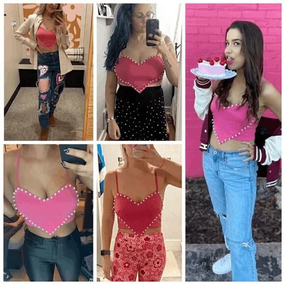 💗 Barbie Pink Cute Heart Shaped Crop Top Pearls Trim NEW WITH TAGS - Picture 12 of 16